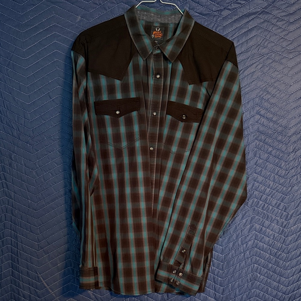 Men's Plaid Button-Down Shirt with Black Accents